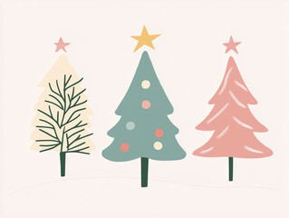 Fototapeta premium Illustration of Three aligned adorned minimalist Christmas trees with star on top, snowed landscape, cartoon clipart in pastel tones, 2D vector art