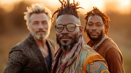 A trio of men stands confidently in an outdoor setting, showcasing unique hairstyles and artistic wardrobes, reflecting individuality and self-expression under a glowing sunset.