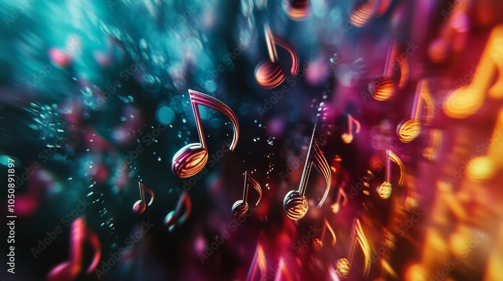 Poster a symphony of music notes in different sizes and colors, reflecting the harmony and creativity of di