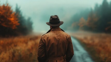 A man in a trench coat and hat walks down a misty path surrounded by autumn foliage, creating a mysterious and nostalgic atmosphere in the countryside setting.