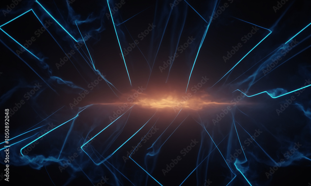 Poster an abstract design featuring glowing blue lines radiating from a central point with an orange glow, 