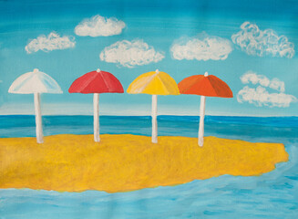 Beach umbrellas on blue sky painting