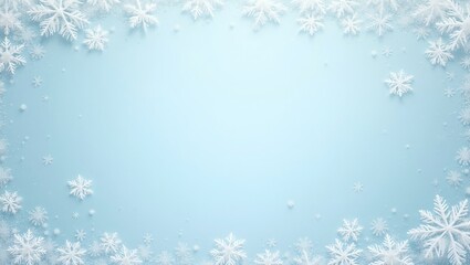 Winter wonderland with snowflakes and frosty patterns on pale blue background
