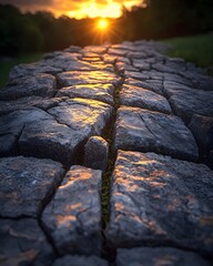 A close-up view of rugged stone pathways illuminated by the warm glow of a sunset. The intricate...