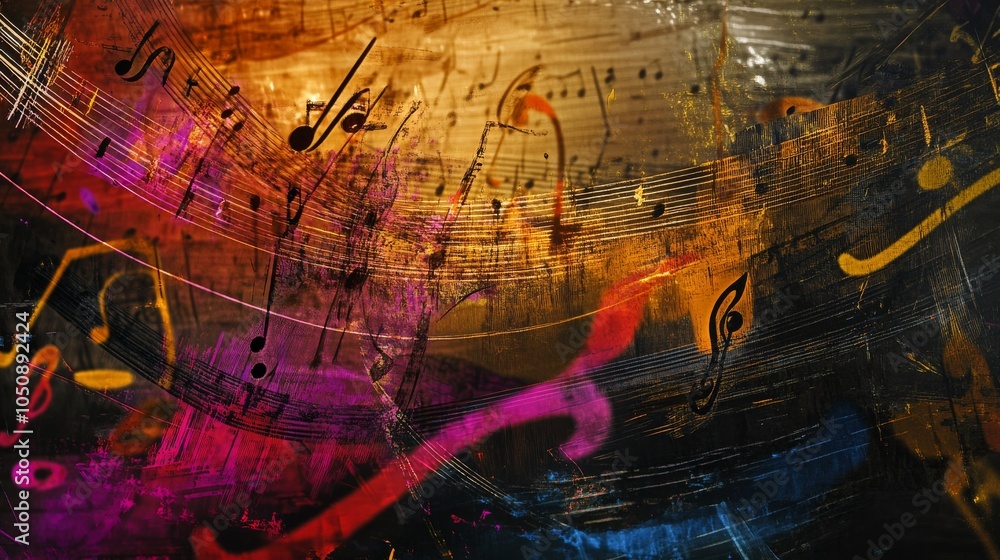 Poster a symphony of musical notes in various sizes and colors, reflecting the harmony and creativity of di