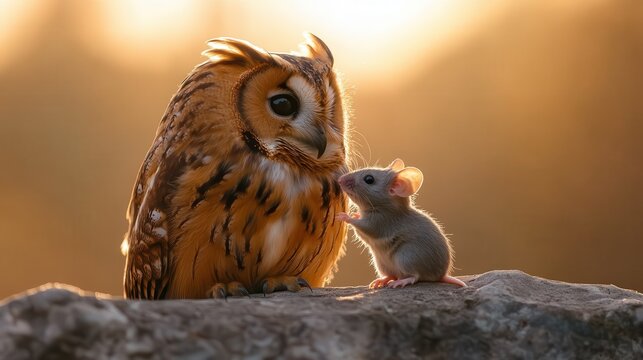 A majestic owl and a curious mouse engage in an endearing interaction on a rocky perch, highlighted by breathtaking lighting and capturing an enchanting wildlife scene.