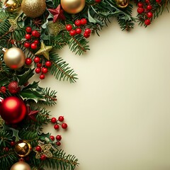 Festive Christmas scene with lush fir branches adorned with vibrant red baubles on a white background.