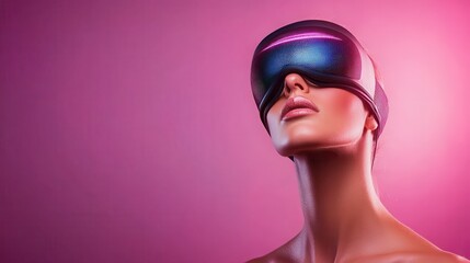 A woman wears a sleek, glowing VR headset, illustrating a futuristic concept of virtual reality immersion against a soft pink background, blending tech and aesthetics.