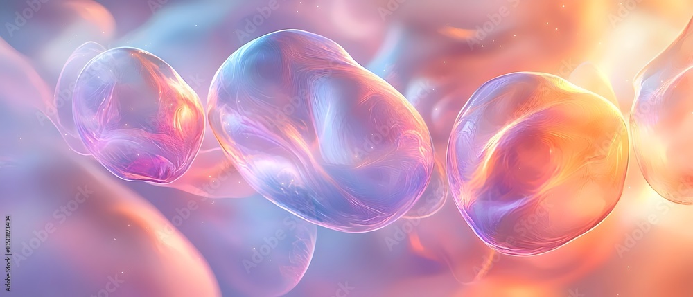 Poster abstract colorful bubbles floating in a dreamy, ethereal landscape with soft pastel hues creating a 
