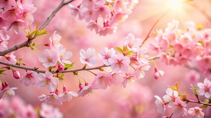 A delicate cherry blossom tree in full bloom against a soft pink background with subtle morning light filtering through the branches, pastel colors, soft focus, nature, serene atmosphere