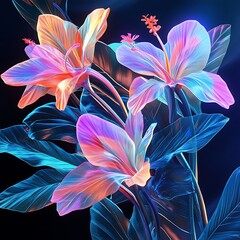 Fototapeta premium Surreal neon glowing flowers radiating in vibrant tropical paradise night Image