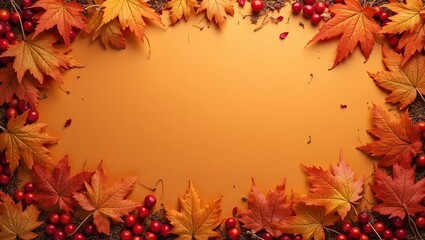 Obraz premium Rustic autumn setting with maple leaves cranberries and straw