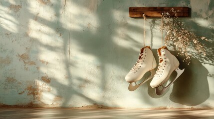 A pair of white ice skates hangs on a rustic wooden hook against a textured wall, surrounded by dried flowers, evoking simplicity, calm aesthetics, and nostalgic charm.