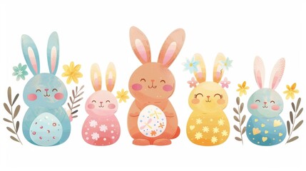 Fototapeta premium Easter bunnies with floral wreaths and painted eggs, vector on a white background