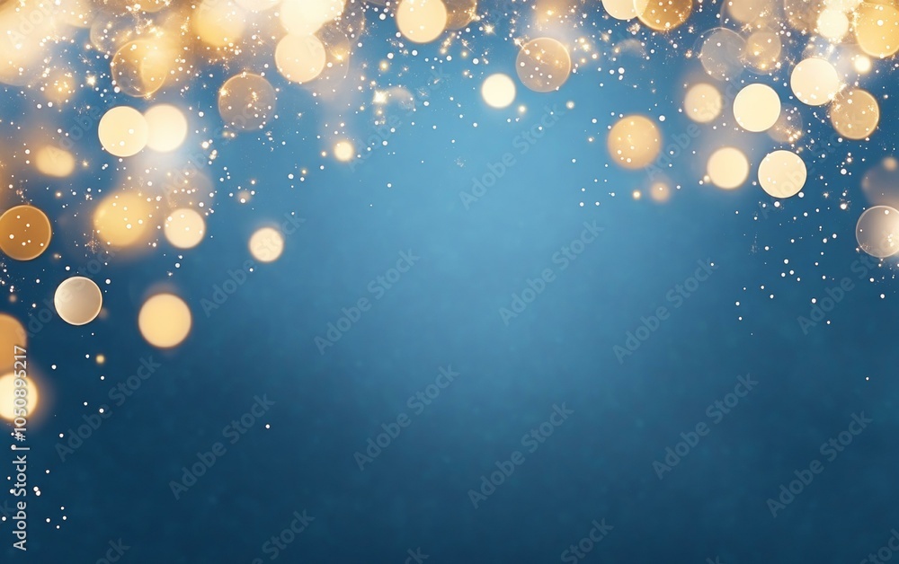 Poster abstract blue background with scattered gold bokeh lights creating a festive and elegant atmosphere.