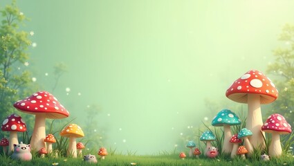 Naklejka premium Enchanted forest scene with colorful mushrooms and fantasy creatures