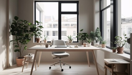 A modern home office features large windows allowing ample sunlight, with various indoor plants arranged around the workspace. A minimalist desk and chair provide a clean and inviting atmosphere
