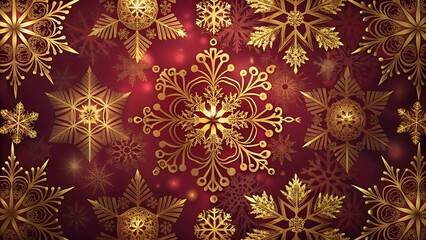 Golden snowflakes falling on red christmas background