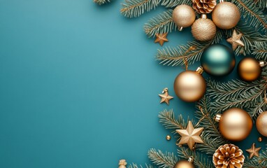 Fototapeta premium Elegant Christmas tree adorned with gold and silver ornaments against a festive blue backdrop.