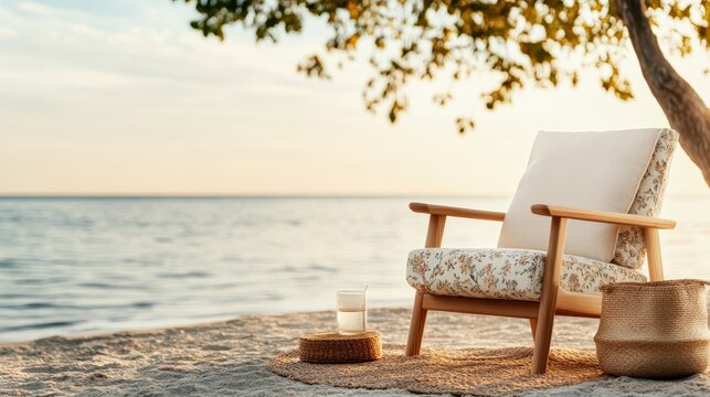 A tranquil beach scene showcasing a comfortable chair and a basket, perfectly positioned near the water's edge, capturing the quiet serenity of a seaside sunset.