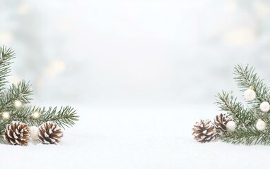Festive Christmas background featuring lush pine branches adorned with natural pine cones.