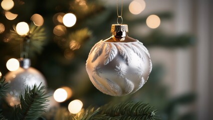 A beautifully crafted silver ornament adorned with intricate designs hangs from a Christmas tree. Soft, warm lights create a festive and inviting atmosphere, perfect for holiday celebrations