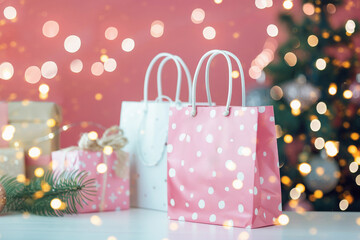 Fototapeta premium Beautiful Christmas sale bags in white and pink, festively decorated with lights and gifts nearby