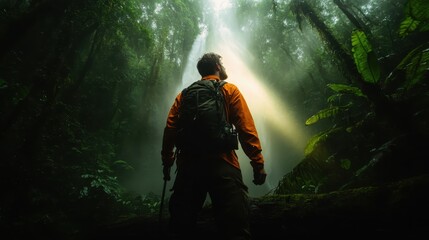 Obraz premium A lone adventurer stands in a lush, misty forest, illuminated by a dramatic beam of sunlight breaking through the dense canopy above, symbolizing discovery.