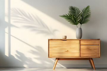 A stylish wooden sideboard with a palm plant casting shadows on the wall in a bright room during daytime illumination. Empty beige wall with copy space.