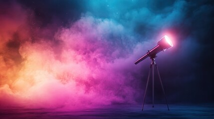 A telescope stands amidst a vibrant cosmic scene with swirling colors, representing discovery and exploration in the realm of astronomy under a starry sky.