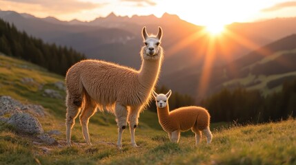 A gentle llama and its adorable baby stand calmly on a grassy field overlooking scenic mountain views, as the sunrise bathes them in golden light.