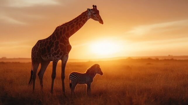 In the glowing light of the golden hour, a giraffe and a young zebra create a striking silhouette against the colorful horizon of the vast African savanna.
