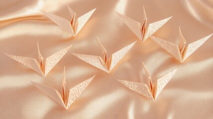 芸術やデザインのプロジェクトのためのエレガントなシルク生地の背景に折り紙の鶴