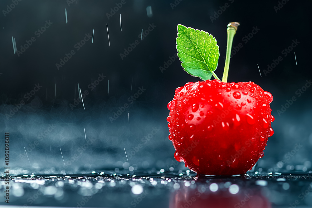 Poster a vibrant red apple captures attention as it stands out against a dark backdrop, glistening with dew