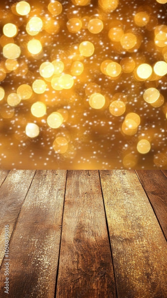 Poster rustic wooden table surface with a warm, blurred bokeh light background creating a cozy ambiance.