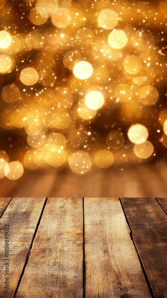 Poster rustic wooden table in focus with a warm, blurred bokeh of string lights in the background.