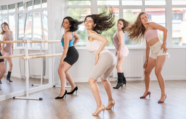 Fototapeta premium Girls in high heels learn to move to beat of music and combine rhythm and smooth movements