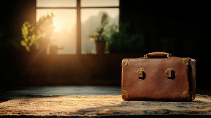 A vintage suitcase is illuminated by sunlight streaming through a window, capturing themes of adventure, nostalgia and graceful simplicity in a refined space.