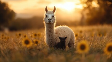 Fototapeta premium A serene scene depicting a llama and a piglet standing together in a sunflower field under the warm glow of a sunset, symbolizing harmony in nature.