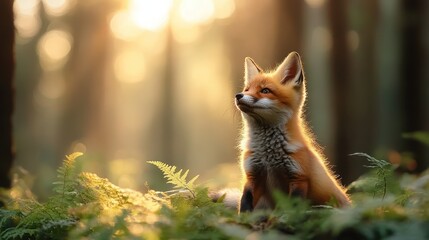 Obraz premium A curious young fox sits in a sunlit forest, surrounded by lush foliage and dappled sunlight, evoking a serene and picturesque natural scene.