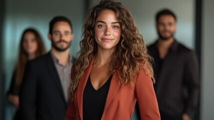 A young woman with curly hair exudes confidence as she stands in front of her team in a chic environment, symbolizing leadership, determination, and team spirit.