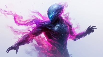 Obraz premium Dynamic abstract creature with purple and pink energy aura, featuring a sleek, armored body and intense, otherworldly atmosphere. Ideal for fantasy or sci-fi themes.
