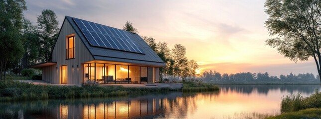 Fototapeta premium Modern Home with Solar Panels by the Lake at Sunset