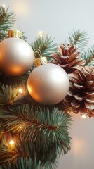 Elegant Christmas tree adorned with white and gold ornaments in a cozy living room setting.