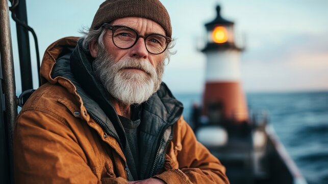 An older man with glasses, dressed warmly in a brown jacket, observes the serene sunset over the ocean from beside a illuminated lighthouse on a calm evening.