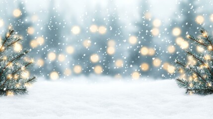 A snow-covered Christmas tree adorned with twinkling lights in a serene winter landscape.