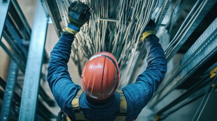Electrician Working on Electrical Wires in a Ceiling