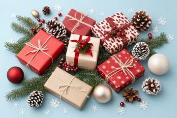Festive Christmas gifts and ornaments arranged on a vibrant blue background.