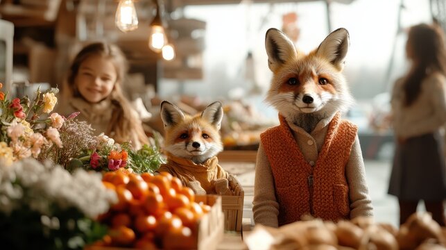 A charming depiction of a fox family engaging in a market setting, surrounded by fresh produce and flowers, evoking warmth and playful anthropomorphism.