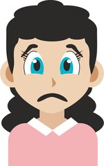 Japanese manga style illustration of a sad face young adult girl front view. Anime style image isolated on white background